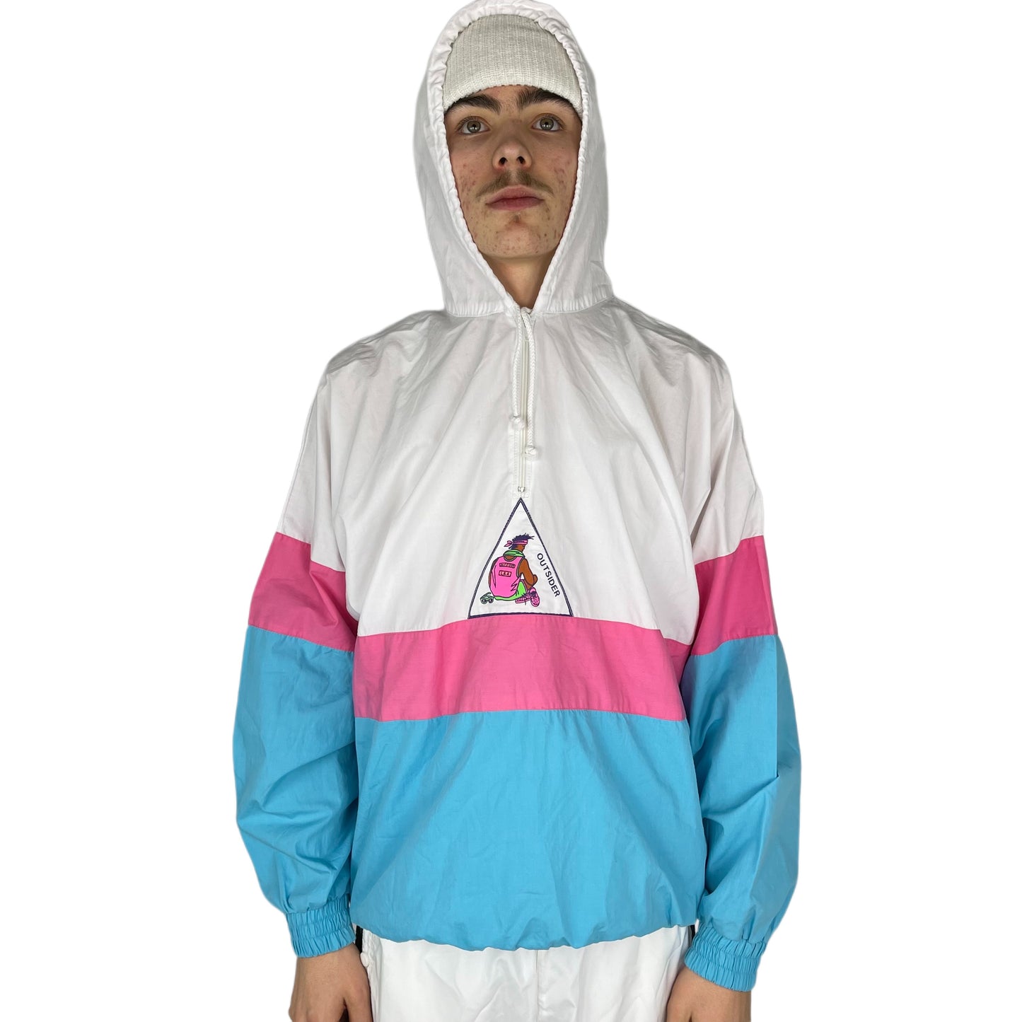 Vintage White Blue Pink Kangaroo Jacket With Backprint - L