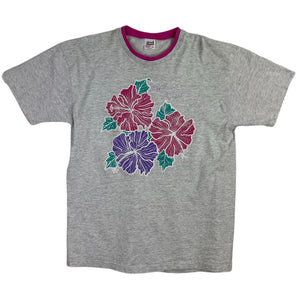 Vintage Grey Pink Flower T-Shirt 90s - XL