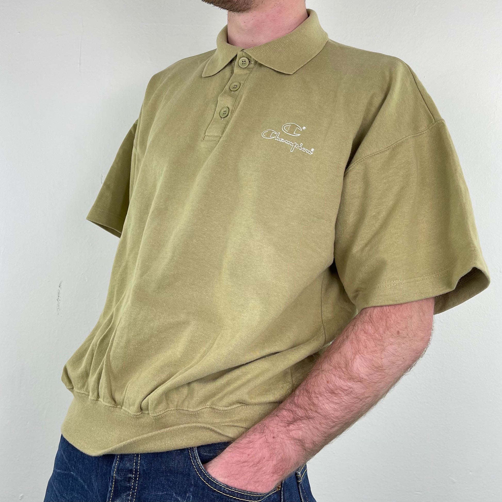 Vintage Beige Champion Short Sleeved Polo Sweater 1980s - L