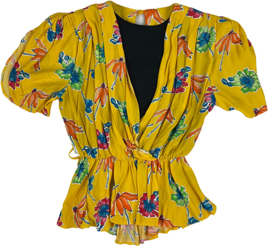 Vintage Yellow Floral Blouse  - M